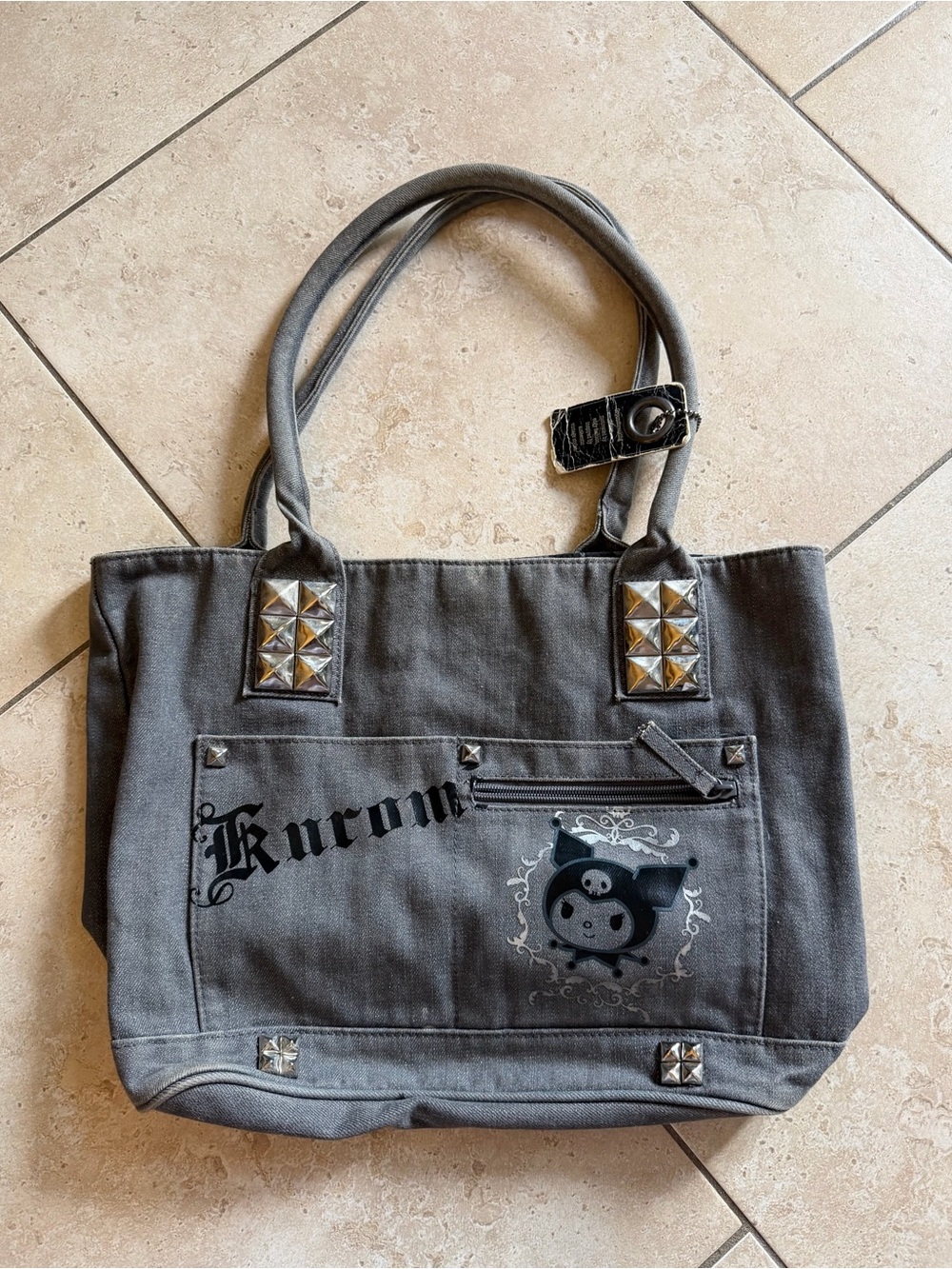 Rare Sanrio Kuromi Studded Gray Fabric Tote Shoulder Bag Y2K Emo Goth Kawaii - Picture 2 of 4